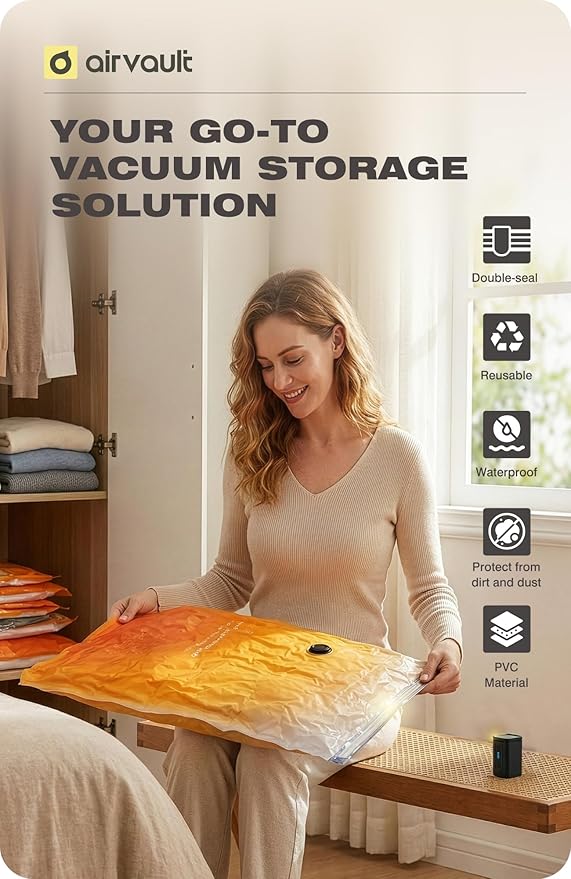 AirVault Vacuum Storage Bags for Travel & Home - Space Saver Compression Packing Bags Set for Clothes, Blankets & Seasonal Storage, Small (2), Medium (4), Large (4) (Orange,10-Pack Combo)