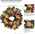 Svndlyn 22 Inch Pre-lit Artificial Spring Wreath for Front Door with Timer - 20 LED Lights, Pink Rose Peony & Eucalyptus Floral Decor, Battery Operated Summer Wreath for Indoor Covered Outdoor
