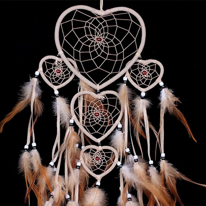 WESTONETEK Large Handmade Dream Catcher Traditional Dreamcatcher Feather Wall Hanging Decoration Ornaments Five Hearts Beige