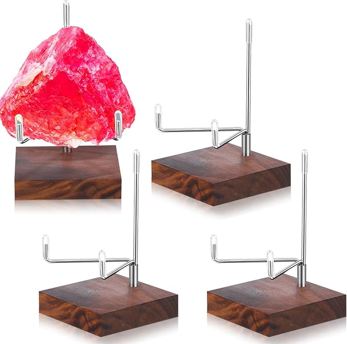 Wenqik 4 Pcs Crystal Display Stand Rock Display Stand Adjustable Metal Arms with Wooden Base Geodes Rock Agate Mineral Easel Holder for Collectibles(3.15 x 3.15 x 4.65 Inch,Silver)
