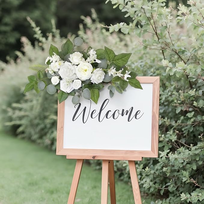 Faux Floral Swags for Weddings - Set of 2 White Artificial Flowers for Ceremony Signs and Reception Decor