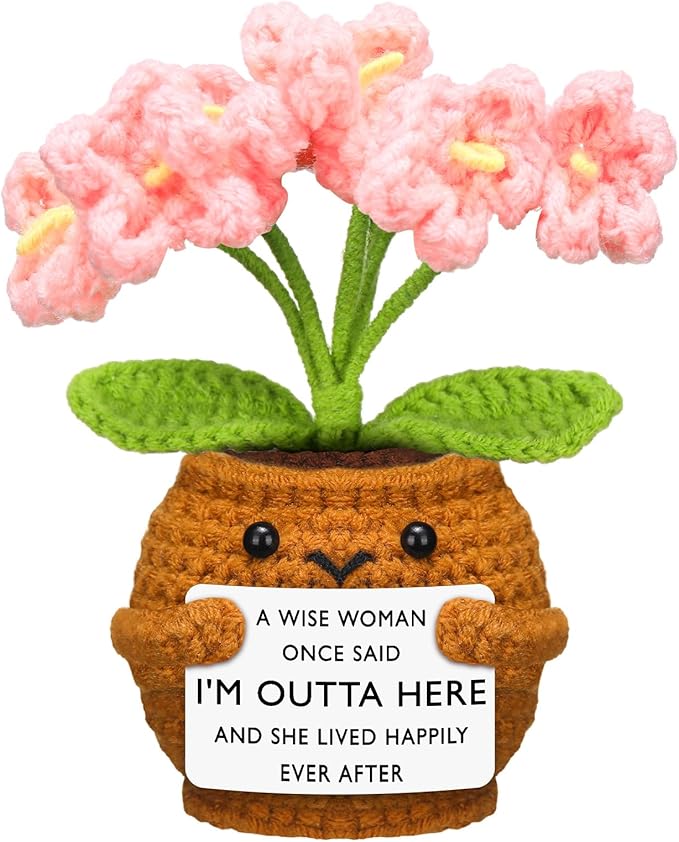Wavwavw Coworker Leaving Gifts for Women Men, Positive Flower Doll Crochet with Card Funny Farewell Going Away Goodbye Gifts for Coworkers Employee Teacher Friends Retirement(Cute Style)