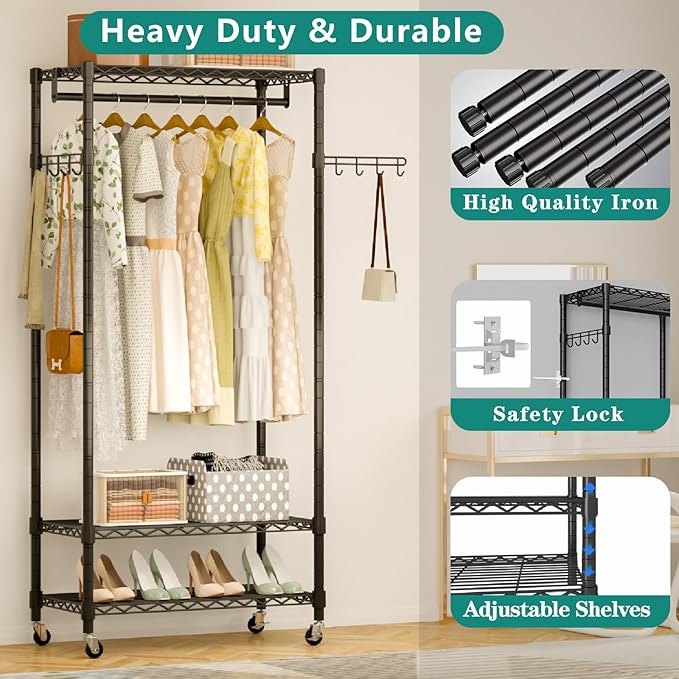 Heavy Duty Rolling Garment Rack, 3 Tiers Wire Shelves Adjustable Freestanding Portable Rolling Clothing Rack with Lockable Wheels, 47.2''L x 15.8''W x 78.8''H, Max Load 650LBS