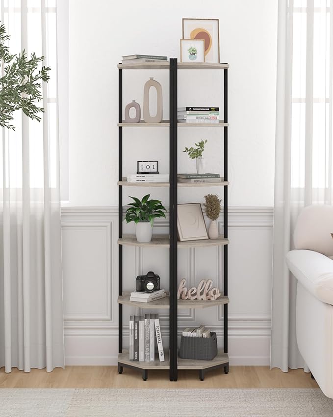 Hzuaneri Corner Shelf Stand, Corner Bookshelf, Storage Standing Shelf Unit with Metal Frame, Plant Stand, Bookcase for Living Room, Home Office, Bedroom, 6-Tier Greige CS06005B