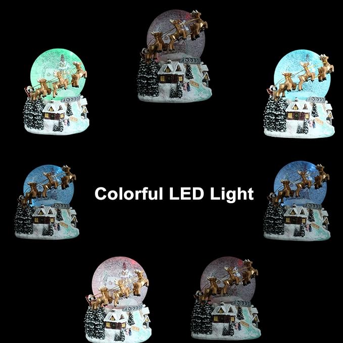 7'' H Christmas Snow Globe with Light up and Musical Spring Decoration Gift, Snowflakes Water Globe, Santa Sleigh Reindeer Resin Snow Globe, Christmas Holiday Indoor Decor.