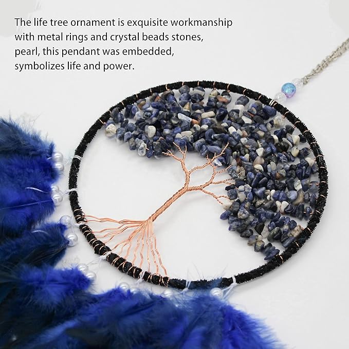 Pretty Jolly Fairy Blue Tree of Life Dream Catcher Wall Decor with Healing Crystal Stone Handmade Feather Dream Catchers Decoration Wall Hanging Bedroom Living Room Wedding Party Home Decor-25.6"