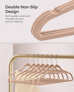 SONGMICS Velvet Hangers, Set of 50 Clothes Hanger with Rose Gold Swivel Hook, Non-Slip, and Space-Saving, 0.2-Inch Thick, 17.1-Inch Long for Coat, Shirt, Dress, Pants, Tie, Caramel Brown UCRF021LB50
