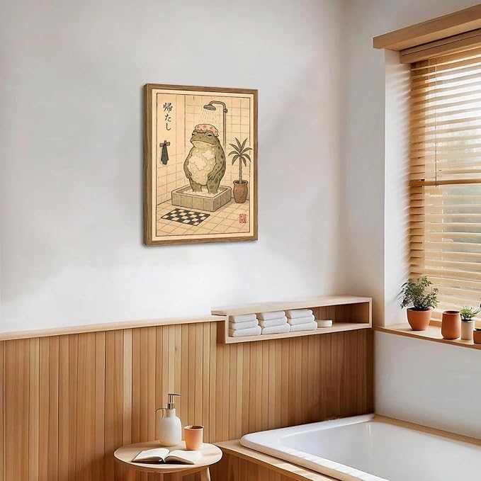 Funny Japanese Frog Bathroom Wall Art Whimsical Frog Shower Wall Decor 12x16 inch Wood Framed, Eclectic Japan Animal Bathroom Poster Painting Canvas Prints Aesthetics
