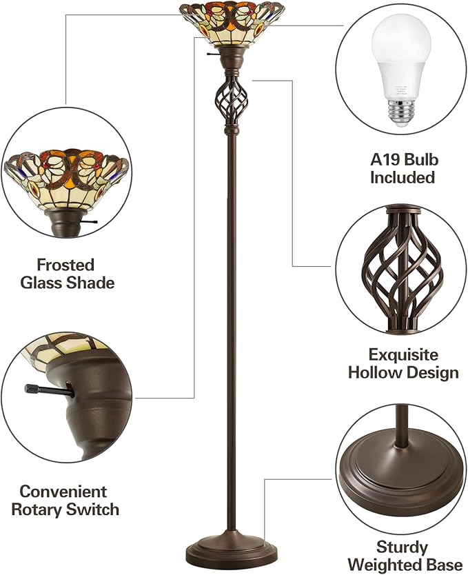 GyroVu Tiffany Floor Lamp Torchiere Floor Lamp with Stained Glass 71 Inch Tall Floor Lamp Standing Reading Light Floor Lamp for Living Room Corner Bedroom Home Office, Bulbs Included