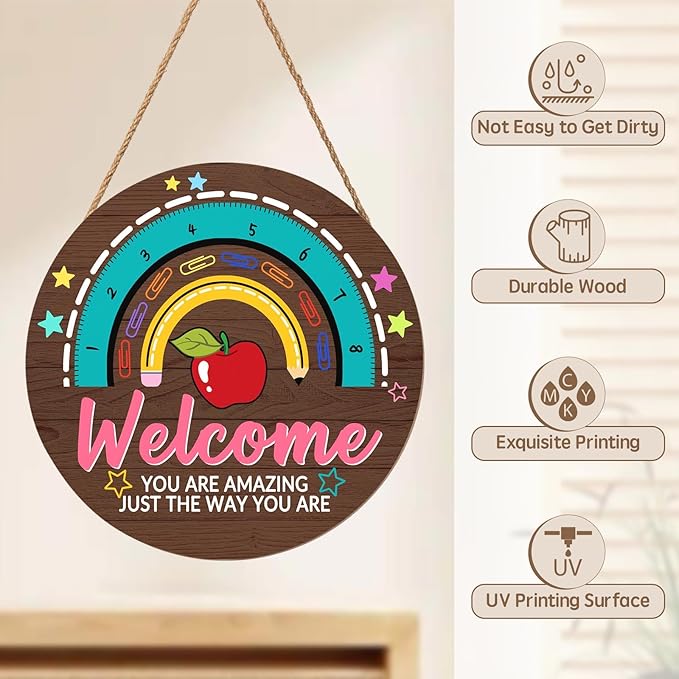 Classroom Teacher Door Sign Classroom Signs 12x12in Welcome Classroom Door Sign Teacher Wreath for Classroom Rainbow Hanging Plaque You are Amazing Welcome Poster for School Classroom Bulletin Board