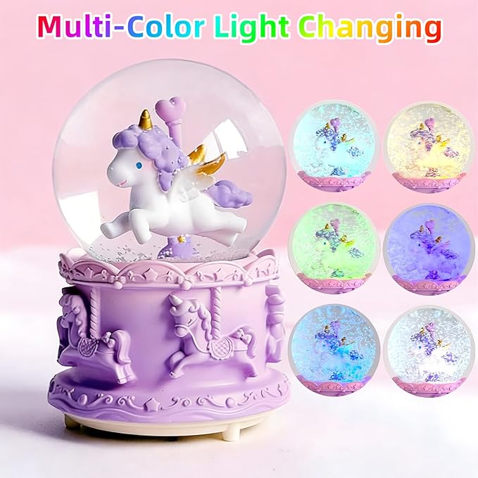 Unicorn Snow Globes,4.7IN Purple Music Snowglobes with LED Lights and Automatic Snowfall,Music Box Gifts for Girl,Home Decor Glass Ball for Kids Room Birthday for 5-18 Year Old Girl