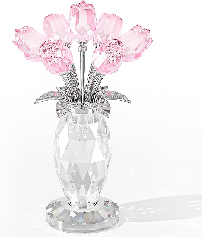 Movdyka Glass Rose Flower Pink Roses Bouquet Home Decor Crystal for Mom Wife Collectible Blown Glass Figurines Desk Ornaments Wedding Decor Romantic Gifts for Women