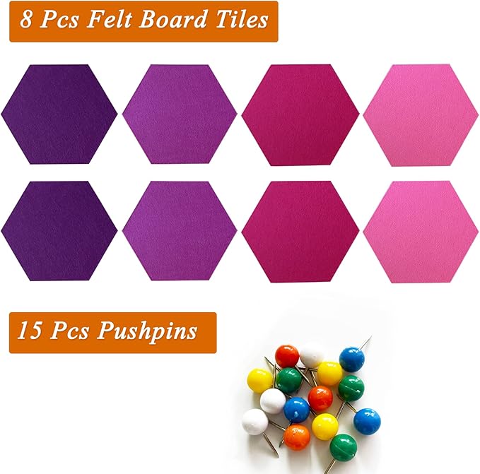 8Pcs Hexagon Felt Cork Board Tiles, Self Adhesive DIY Bulletin Board Pin Board for Office School Home Wall Decor Stickers Memos Photos Display (Gradual Purple)