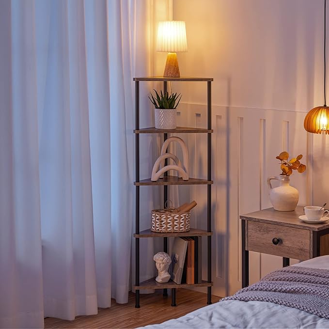 HOOBRO Corner Shelf Stand, Industrial 5-Tier Corner Bookshelf with Metal Frame, Corner Shelf Stand Display Plant Flower, Corner Bookcase for Small Spaces, Living Room, Greige and Black BG33CJ01