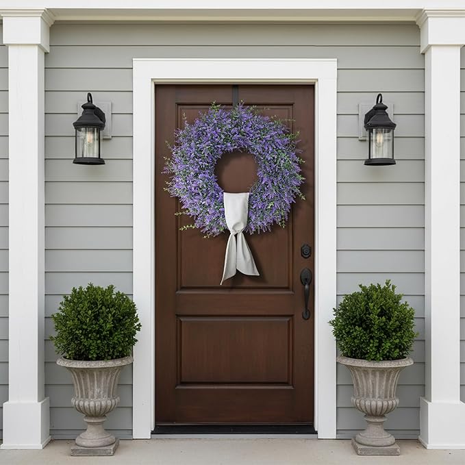 26" Artificial Lavender & Eucalyptus Wreath with Sash for Front Door, Porch, Window - Large Greenery Outdoor Wreath for Home, Farmhouse Decor - Spring, Summer, All Seasons (Purple)
