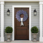 26" Artificial Lavender & Eucalyptus Wreath with Sash for Front Door, Porch, Window - Large Greenery Outdoor Wreath for Home, Farmhouse Decor - Spring, Summer, All Seasons (Purple)