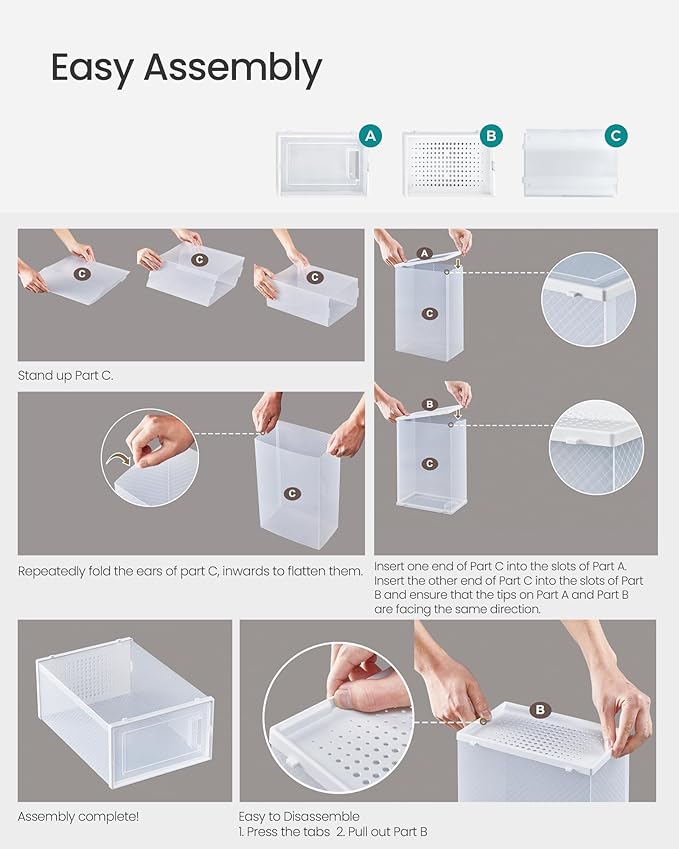 SONGMICS Shoe Boxes, Pack of 12 Shoe Storage Organizers, Stackable Clear Plastic Boxes for Closet, Sneakers, 13.1 x 9.1 x 5.6 Inches, Transparent and White ULSP12SWT