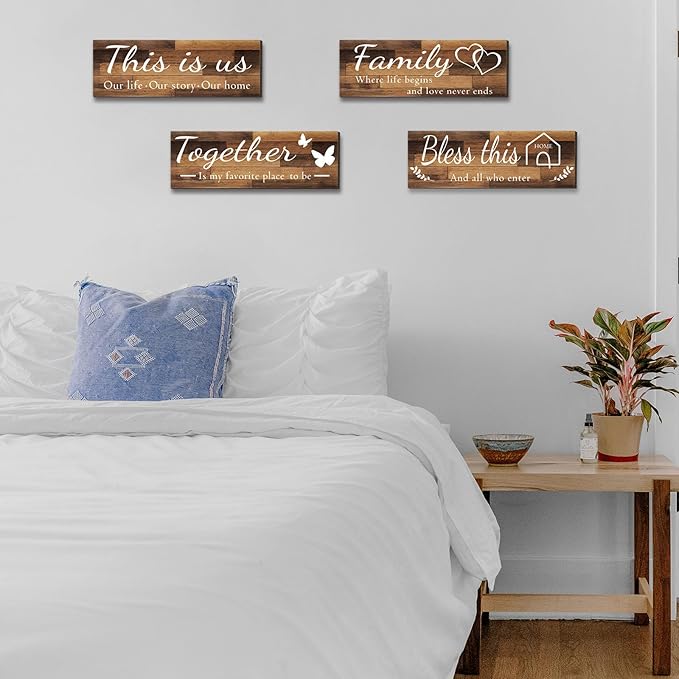 4 Pieces Home Wall Signs, THIS IS US/TOGETHER/BLESS THIS HOME/FAMILY Wall Decor For Living Room Bedroom, Rustic Wooden Farmhouse Wall Art , 4.7 x 13.8 Inch(Brown)