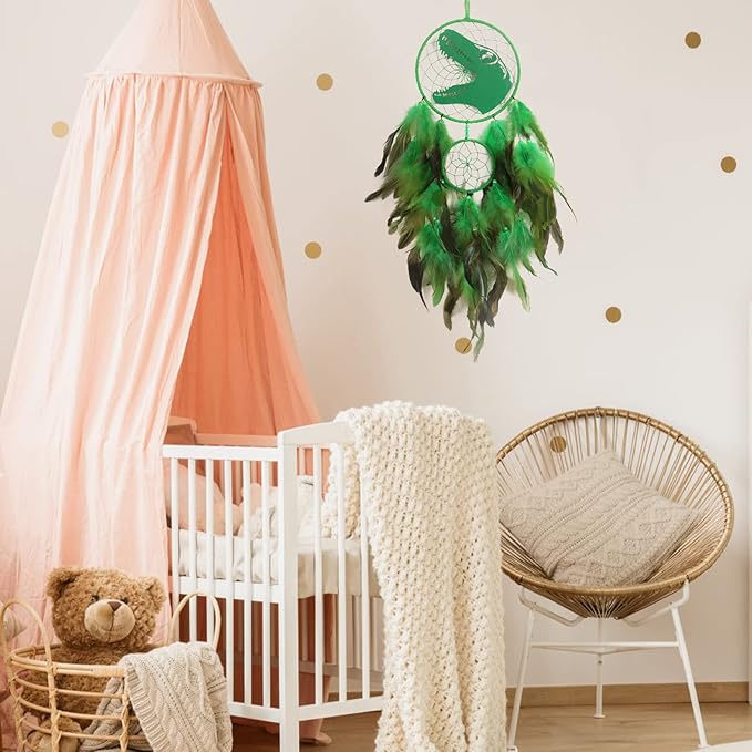 LOMOHOO Dinosaur Dream Catcher for Kids, Feather Dream Catchers with LED Light, Handmade Home Decor Wall Hanging with Double Ring for Nursery Boy Bedroom Birthday Gift