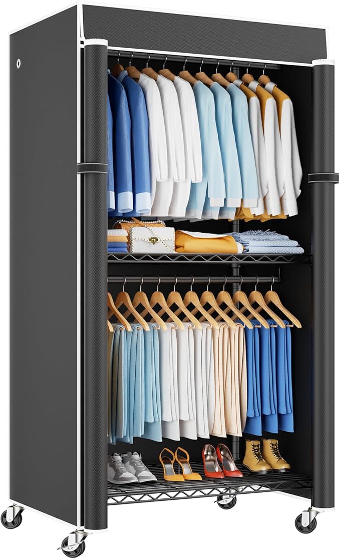 P8C Heavy Duty Clothes Rack（With Extended Width Design） Rolling Clothing Racks for Hanging Clothes with Lockable Wheels，31.5" W x 15.8" D x 80.5" H，Max Load 600LBS，Black Rack with Black Cover