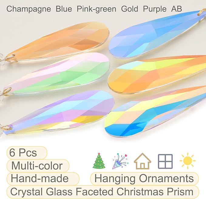Crystal Glass Christmas Ornaments, 6Pcs Teardrop Prism Hanging Crystals for Christmas Tree,Centerpieces,Wedding,Party Decor (Multicolor)