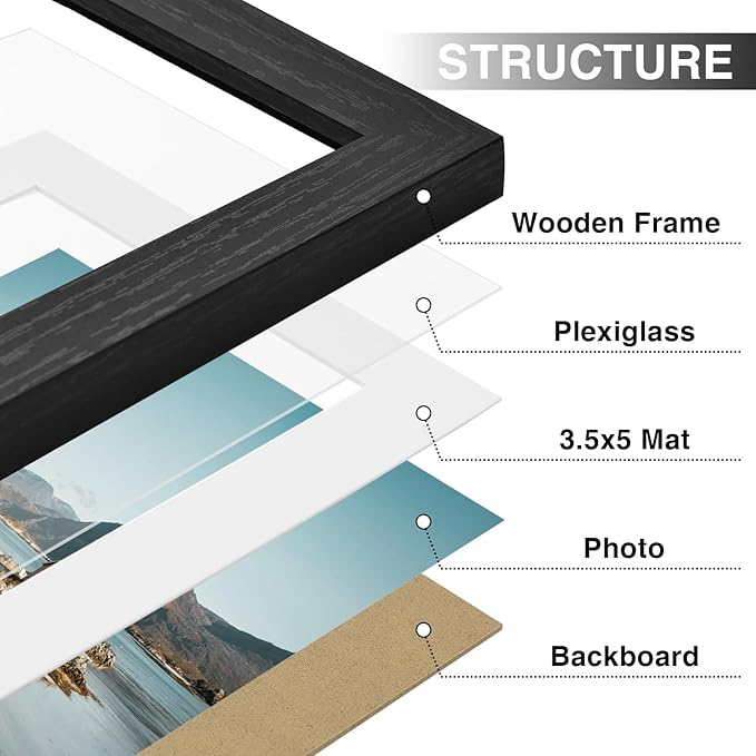 Vittanly 4x6 Picture Frames Set of 9, Display 3.5x5 Pictures with Mat or 4x6 without Mat, Photo Frames for Wall or Tabletop with Plexiglass, Engineered Wood, Black&Brown&Distressed White
