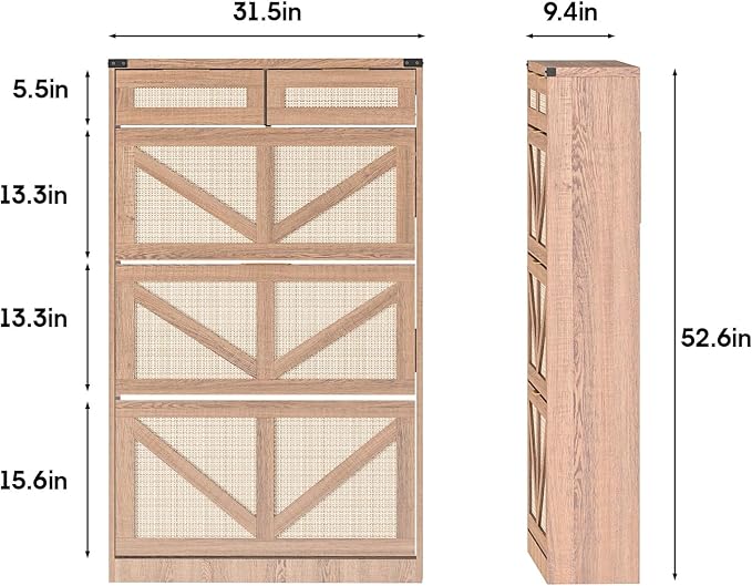 Shoe Cabinet with 3 Flip Drawers & 2 Drawers,Freestanding Shoe Storage Cabinet for Entryway,Farmhouse Narrow Slim Organizer Rack for Foyer,Hallway,Rustic Oak Rattan
