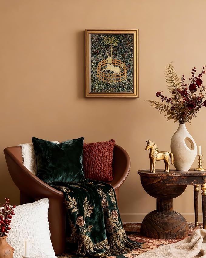 VIYYIEA Vintage Gold Framed Wall Art for Living Room, Unicorn Canvas Prints Home Decor, Oil Painting Picture, Bedroom Wall Decor Gifts for Friends or Family -【The Unicorn in Captivity】-(16L x 12W)
