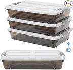 4 Pcs Plastic Under Bed Storage Containers with Lid Wheel Handle, Transparent Large Capacity Stackable Latching Storage Bins for Closet Bedroom Clothes Shoes (Brown,23.7 x 15.8 x 5.2)