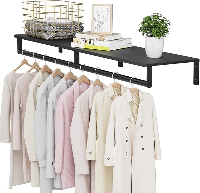 Wall Mounted Clothes Rack with Top Shelf, 46.5'' Industrial Clothing Rack Heavy Duty, Metal Shelf with Hanging Rod, Garment Rack Laundry Room Shelves, Space Saving