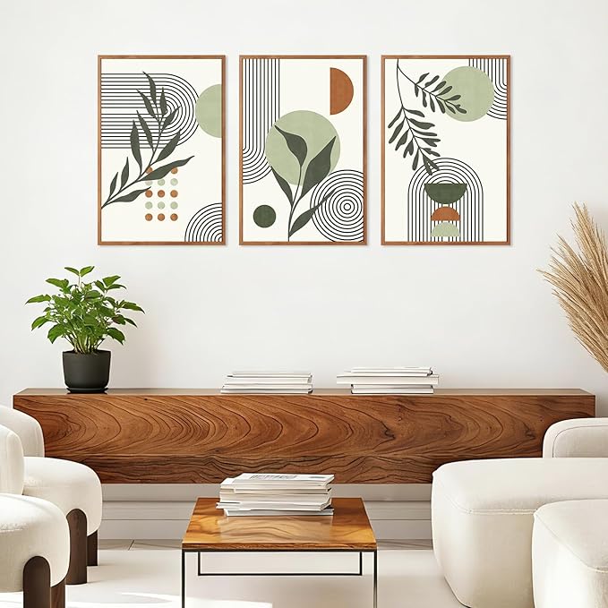 KAlRNE Sage Green Boho Beige Framed Canvas Wall Art Set of 3(24”X36”),Abstract Geometric Line Leaf Wall Decor,Botanical Minimalist Neutral Art Prints For Living Room Bedroom Office