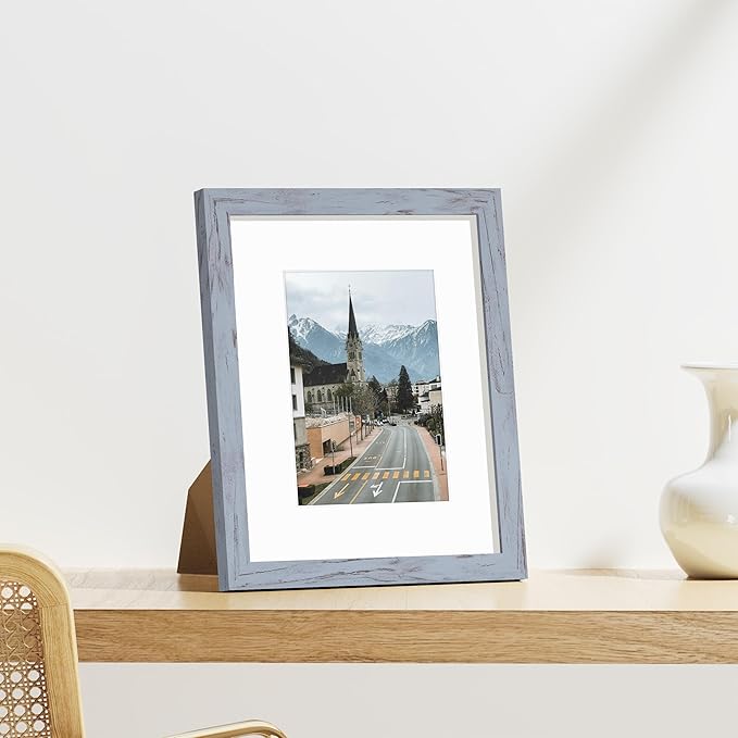 Vittanly 8x10 Picture Frames Set of 9, Shatter Resistant Plexiglass, Display 5x7 Pictures with Mat or 8x10 without Mat, Photo Frames for Wall or Tabletop, Engineered Wood, Vintage Blue-Gray