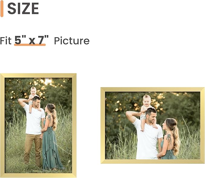 upsimples 5x7 Picture Frame Set of 3, Made of High Definition Glass for 5 x 7 Gold Frames, Wall and Tabletop Display Thin Border Photo Frame for Home Décor