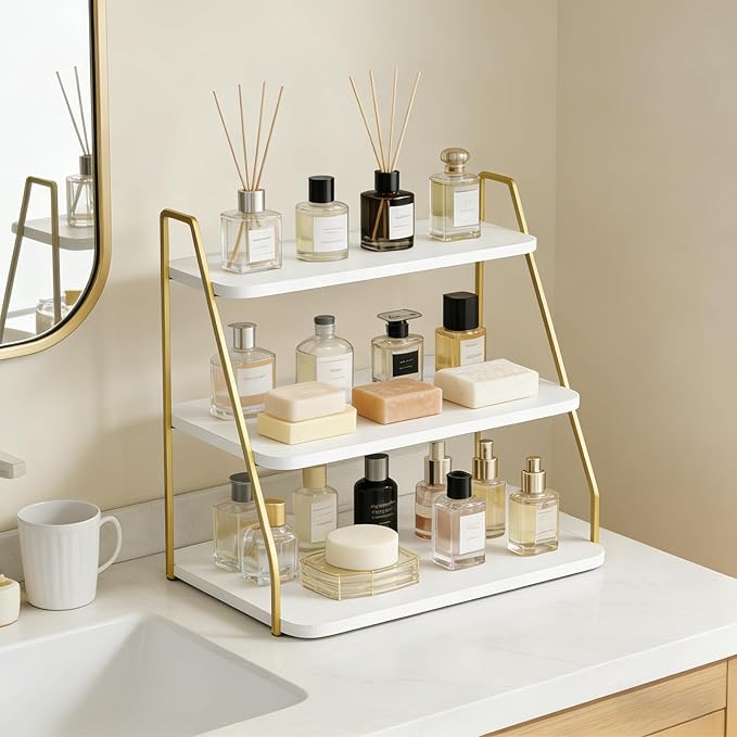 VyGrow three-layer Wooden Display Stand, Perfume Storage Rack, Party Display table, Figure and Collectibles Display Stand, Decorative and Storage Shelf (White and Gold)