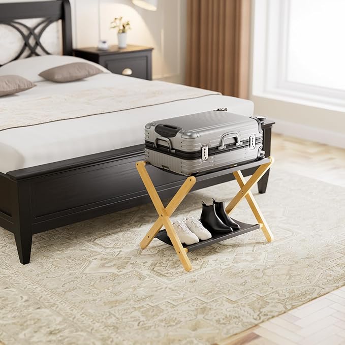 HITNET Luggage Rack, Folding Suitcase Stand for Guest Room, Bamboo Luggage Holder with Storage Shelf for Hotel Bedroom, Natural