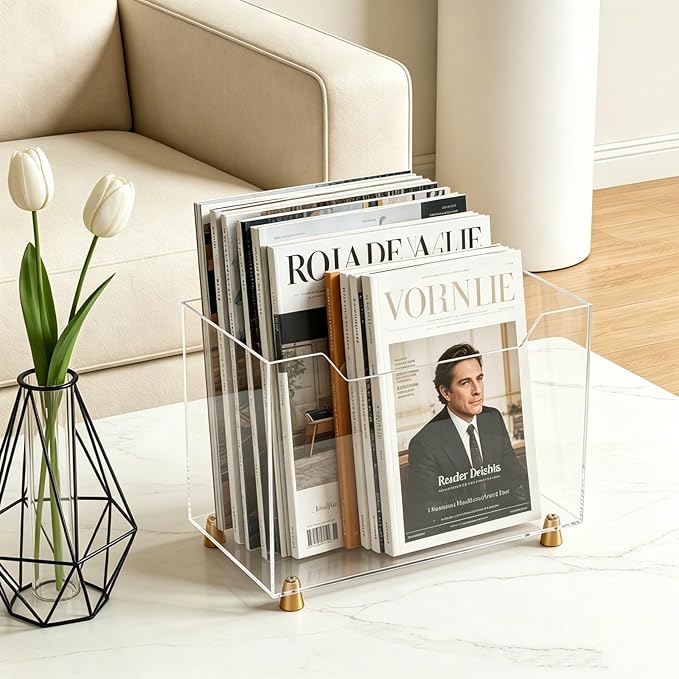 Acrylic Magazine Holder, Crystal Clear Magazine Rack Floor with Metal Feet, Files Newspapers Book Organizer for Bathroom, Living Room, Home Office