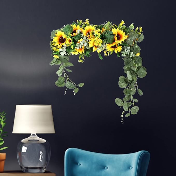 17.7inch Artificial Sunflower Swag Wreath, Decorative Flower Swag Wedding Arch Decor Wall Hanging Floral Door Swag for Wall Porch Farmhouse(#1)