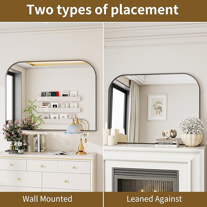 Black Wall Mounted Bathroom Mirror - 36 x 24 Inch Round Cruved Top Right Angle Bottom Wall Mirror, Aluminum Metal Framed, Decor for Living Room, Bedroom, Fireplace, Mantle, Entryway