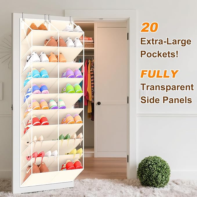 20-30 Pairs Over the Door Shoe Organizer, Clear Pockets Hanging Shoe Storage for Closet, 10-Tier Door Shoes Rack, Handing Shoes Holder Fit All the Family's Sneakers, Boots, Heels, Beige