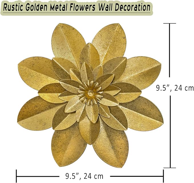 Golden Metal Flower Wall Art Decor, 9.5“ Rustic Modern Floral Sculpture, Distressed Iron Wall Hanging Home Decoration Accent Artworks for Indoor Kitchen Bedroom Living Room Office Outdoor Garden Patio