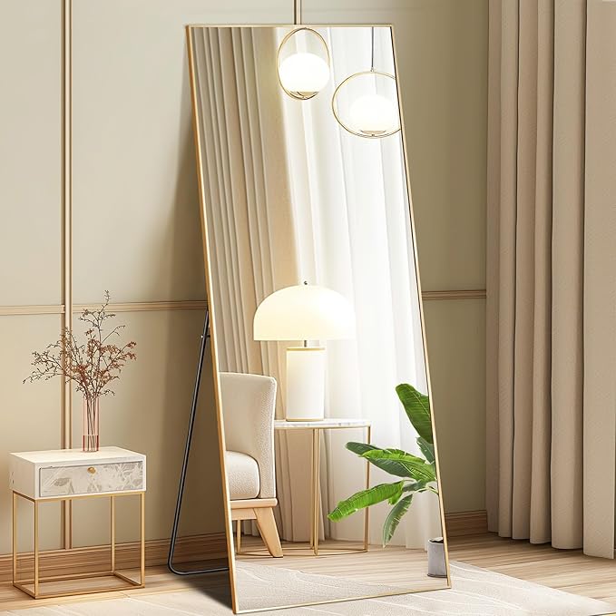DUMOS 15"x56" Full Length Mirror with Stand, Floor Standing Aluminum Frame, Shatter-Proof Nano Glass for Bedroom, Living Room, Cloakroom – Modern Simple Home Decor,Can Be Hanging or Leaning, Gold