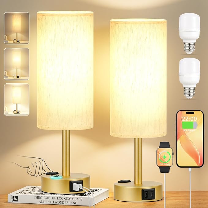 PartageiZ Gold Touch Table Lamps Set - 3 Way Dimmable Bedroom Lamps with USB C and A Ports, Small Lamps for Nightstand with AC Outlet, Gold Base Round Flaxen Shade for Desk, Office, Dorm, Nursery