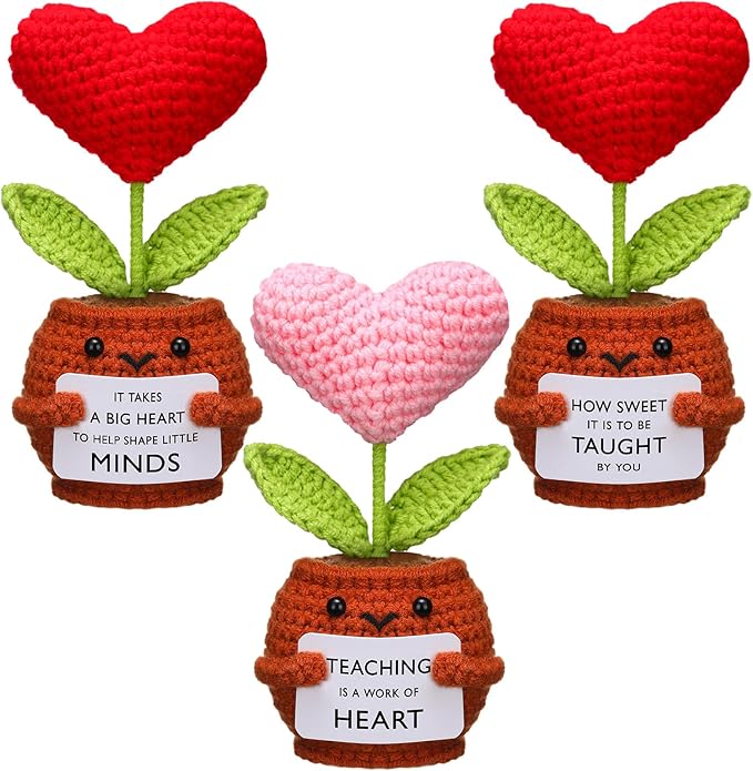 Wavwavw 3 Pack Teacher Appreciation Gift Positive Flower Handmade Crochet Doll Thank You for Helping Me Grow Gifts Back to School Gifts for Women Teacher(Heart)