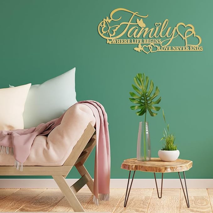 Family Metal Word Sign Wall Art Decor, Where Life Begins Love Never Ends Heart Butterflies Wall Hanging Sculpture, Golden Iron Letters Quotes Home Decor for Living Room Kitchen (Golden)