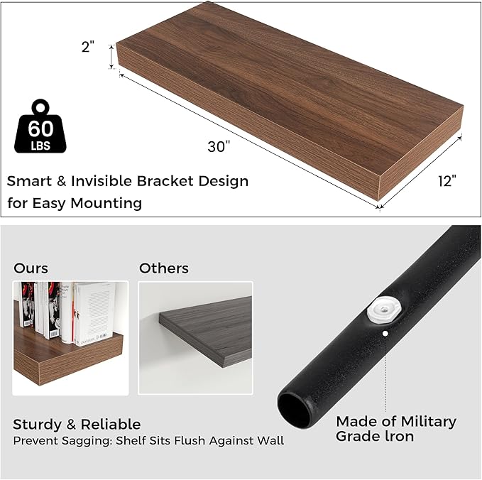 Venusmiles Floating Shelves for Wall, 30" W x 12" D x 2" H, 2 Pack of Long Wall Mounted Engineered Wood Shelves with Invisible Brackets for Living Room, Bedroom, Bathroom, Kitchen Decor, Walnut