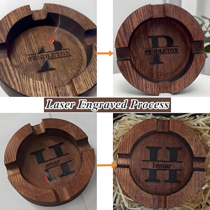 Cigar Ash Tray for Men Personalized Name Walnut Cigar Ashtrays for Outdooor Custom Wooden Ashtray Father's Day Christmas Engraved Monogramed Ashtray Gifts for Husband Dad Groomsmen Papa Grandpa