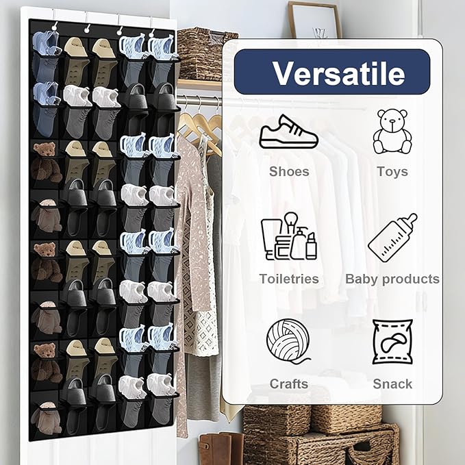 Over the Door Shoe Organizer - 40 Large Breathable Mesh Pockets, Space Saving Hanging Shoe Organizer with Metal Hooks, Hanging Shoe Rack for Men's and Women's Shoes (Black)