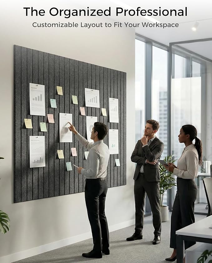 Aothia 12-Pack Felt Bulletin Board Tiles 48"x36", Modular Pin Board for Smooth Walls, Cork Board Alternative for Notes & Photos, 0.35" Thick, 70 Adhesive Tabs & 40 Pins, Charcoal Gray