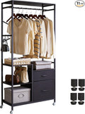 Clothes Rack, Heavy Duty Garment Rack for Hanging Clothes, Industrial Clothing Racks with Shelves, 2 Fabric Drawers, 4 Hooks, 1 Hanging Rods Black YD-TM080B
