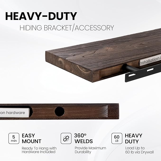 Fun Memories 42" Floating Shelves for Wall, Rustic Solid Elm Wood Floating Shelves - Invisible Bracket Mount, Extra Long Wall Mounted Shelf for Living Room, Bathroom, Bedroom, Kitchen, Walnut